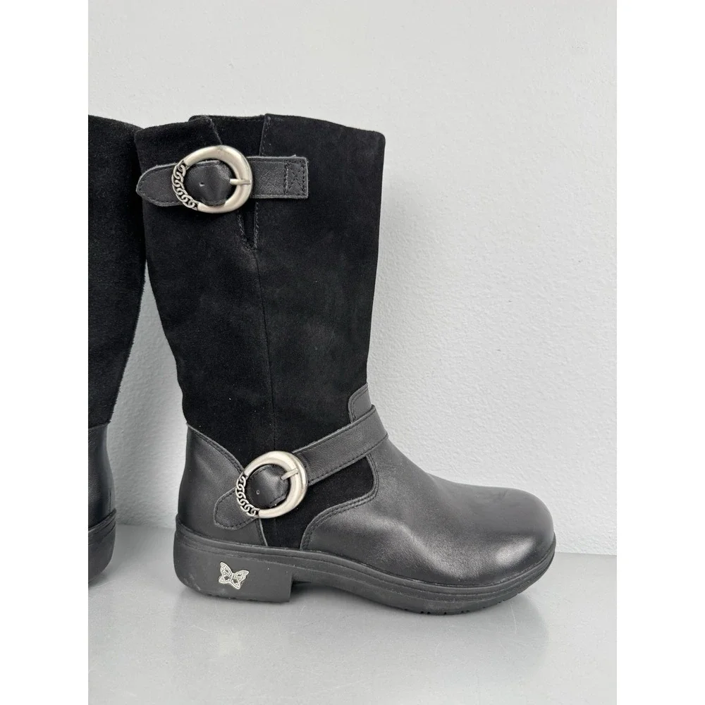 Alegria Boots Womens 8 /‎ 38 Black Suede Leather Buckle Biker Moto Zip Mid Calf
